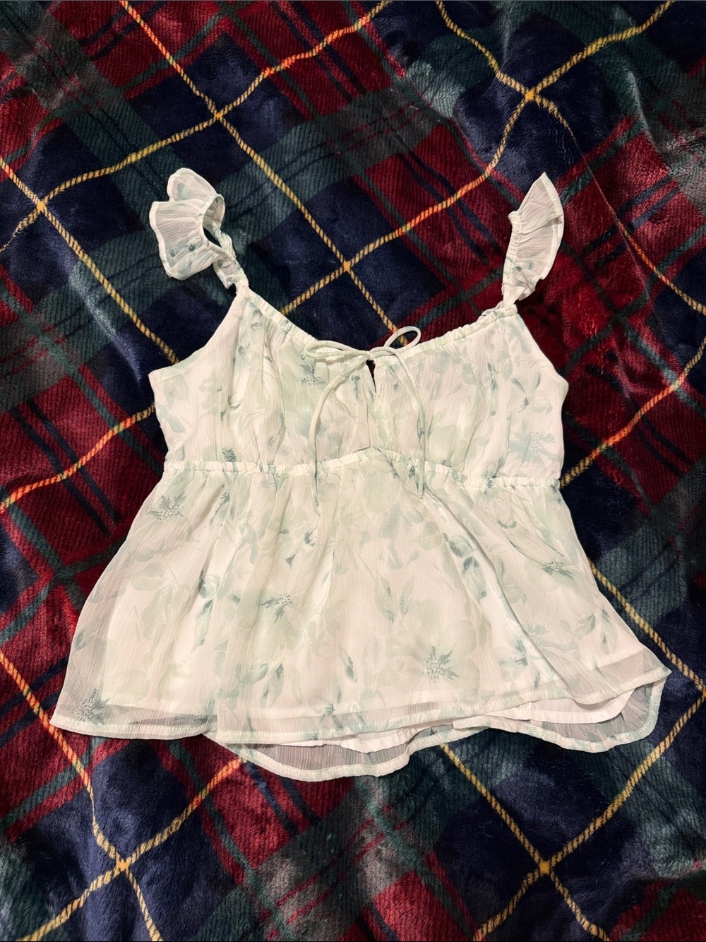 Hollister Light Green Floral Ruffle-Strap Cami